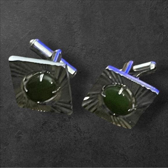 Genuine Green Jade Stone & Silver Tone Quality Vintage Cuff Links - Picture 2 of 3